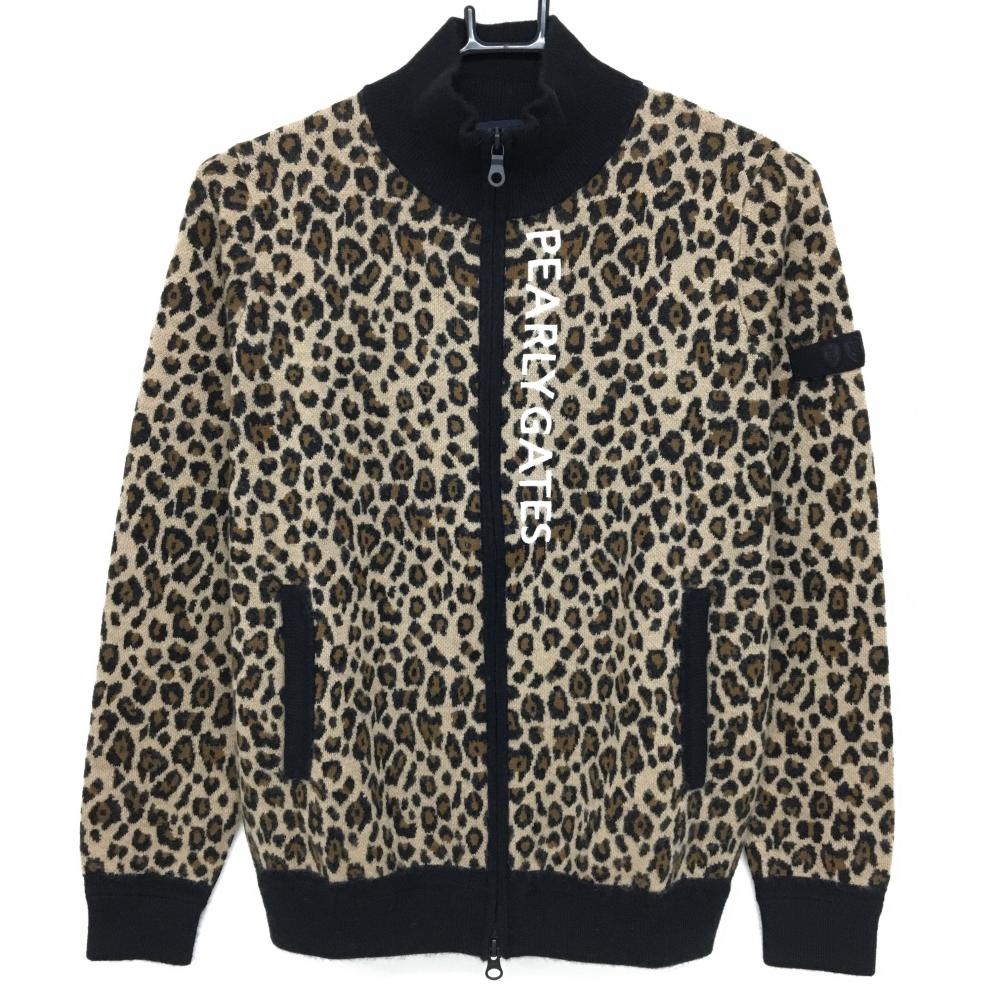【新品】パーリーゲイツ ニットジャケット ライトブラウン×黒 レオパード柄 カシミヤ混  レディース 0(S) ゴルフウェア PEARLY GATES