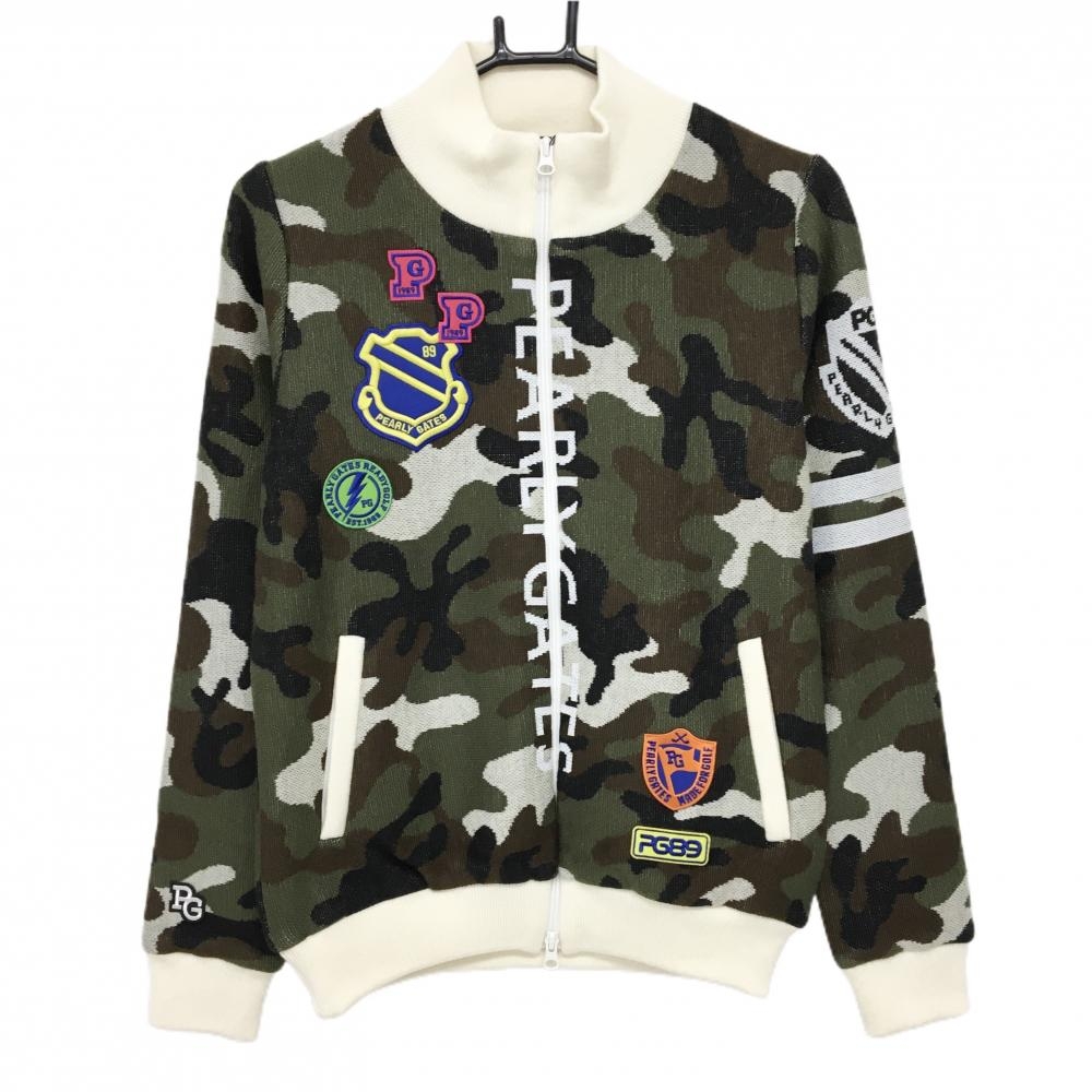 【新品】パーリーゲイツ ニットジャケット カーキ×黒×白 カモフラ DIAPLEX 裏地付き 迷彩 レディース 1(M) ゴルフウェア PEARLY GATES
