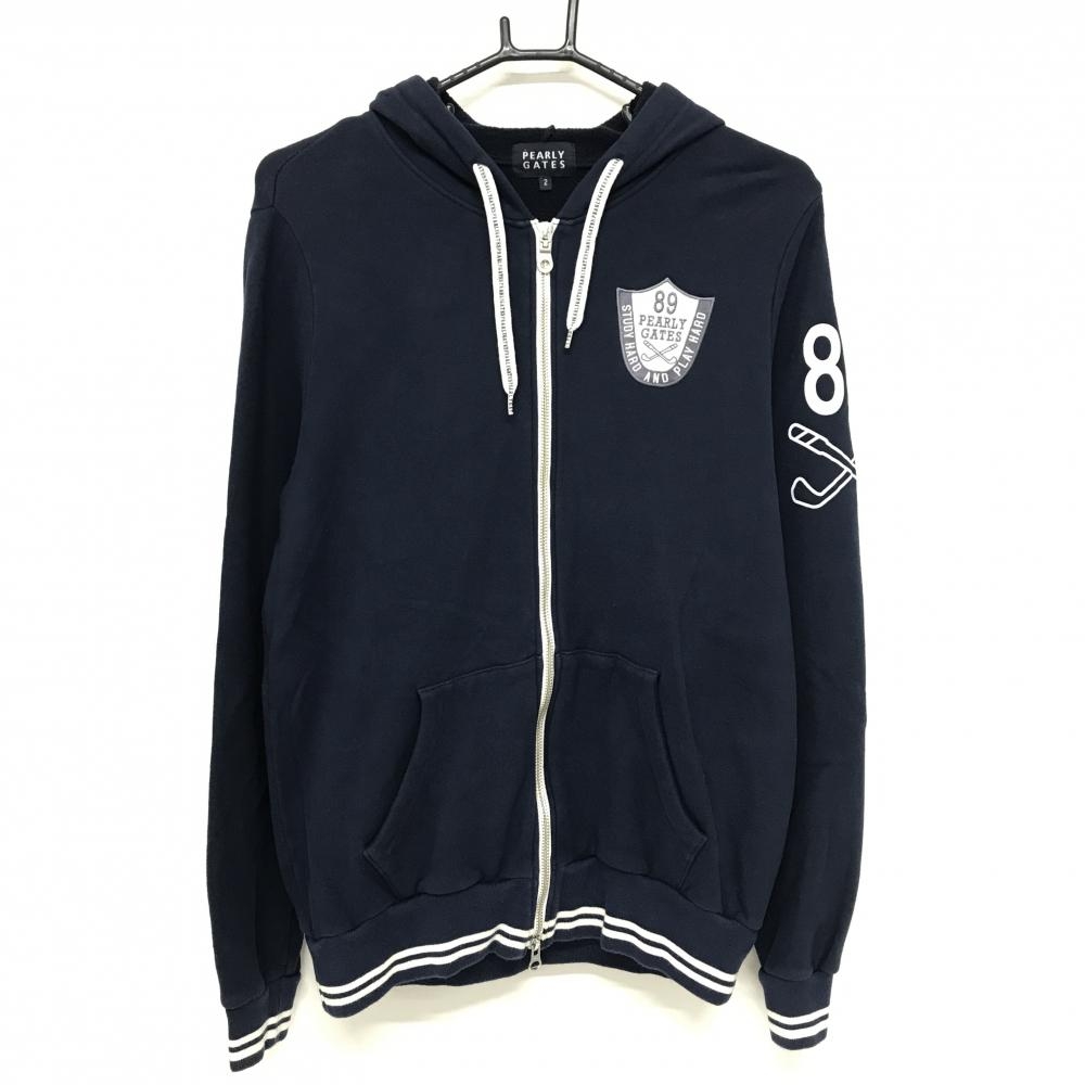 パーリーゲイツ ジップパーカー ネイビー ワッペン 裏毛スウェット  レディース 2(L) ゴルフウェア PEARLY GATES