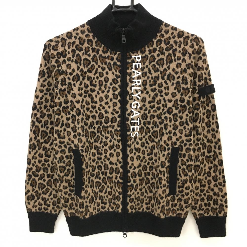 【新品】パーリーゲイツ ニットジャケット リベージュ系×黒 レオパード柄 ロゴ白 カシミヤ混  レディース 1(M) ゴルフウェア PEARLY GATES