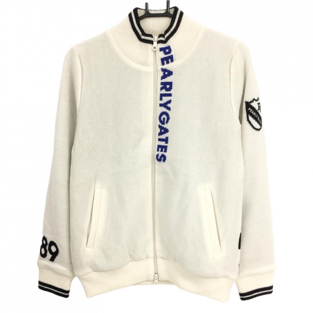 【超美品】パーリーゲイツ ニットジャケット 白×黒 ロゴブルー 裏地ニコちゃんロゴ総柄  レディース 1(M) ゴルフウェア PEARLY GATES