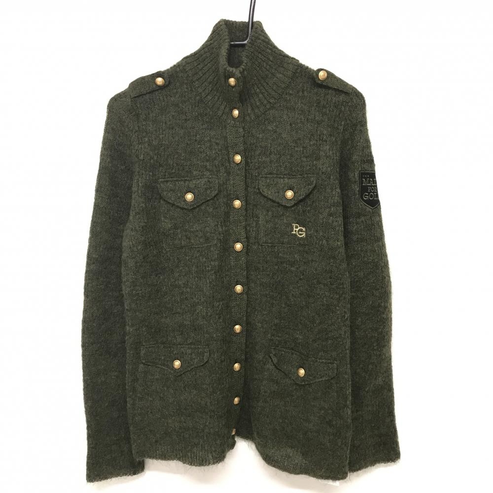 【超美品】パーリーゲイツ ニットジャケット カーキ 金ボタン モヘヤ混  レディース 2(L) ゴルフウェア PEARLY GATES