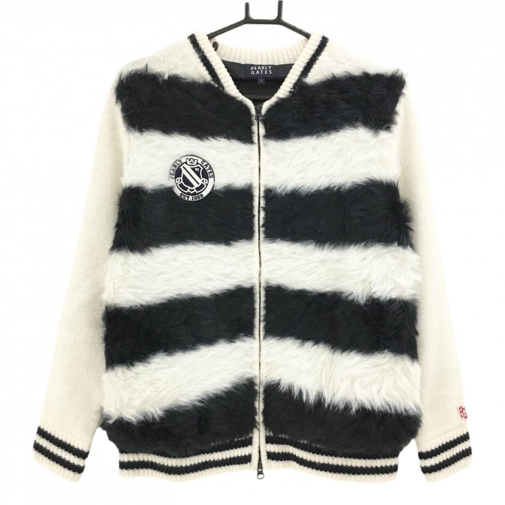 【美品】パーリーゲイツ ニットジャケット 白×ネイビー 裏地付き 一部ファー 前ボーダー レディース 1(M) ゴルフウェア PEARLY GATES