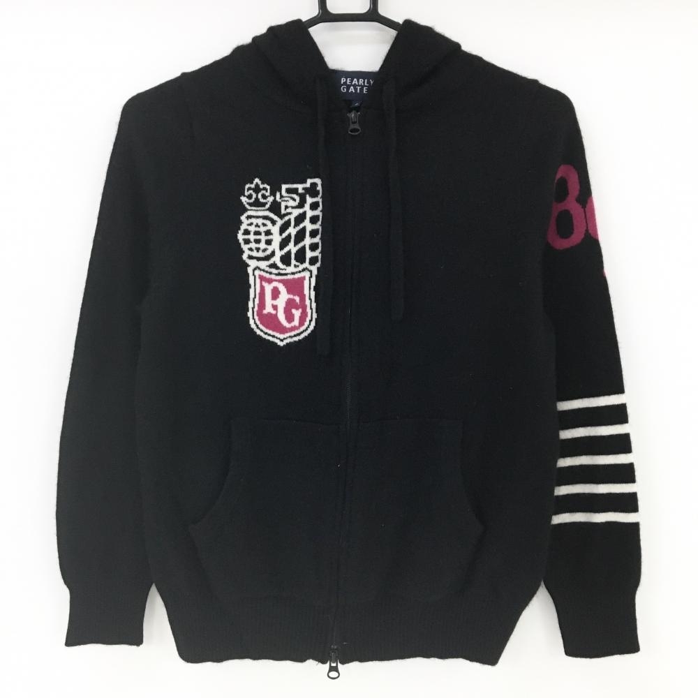 パーリーゲイツ ニットジップパーカー 黒×白 カシミヤ100％ ジャケット レディース 0(S) ゴルフウェア PEARLY GATES