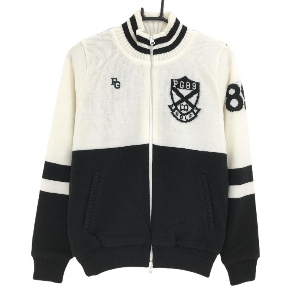 【新品】パーリーゲイツ ニットジャケット 白×黒 ネックライン 裏地付き ウール混 胸ロゴ レディース 1(M) ゴルフウェア PEARLY GATES