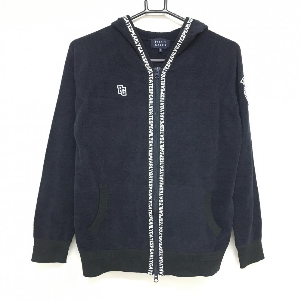 【超美品】パーリーゲイツ ジップパーカー ネイビー×白 起毛 ジップ縁ロゴ  レディース 1(M) ゴルフウェア PEARLY GATES