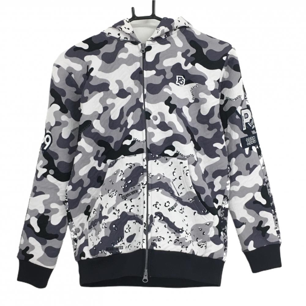 【美品】パーリーゲイツ ジャケット グレー系×ネイビー 総柄 カモフラ調 迷彩 キルティング レディース 0(S) ゴルフウェア PEARLY GATES