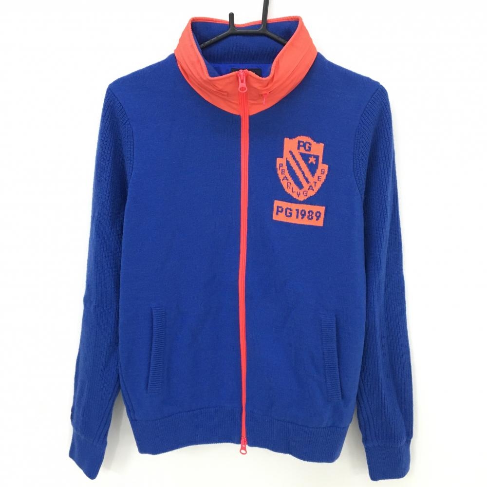 【超美品】パーリーゲイツ ニットジャケット ブルー×オレンジ フード収納可 裏地付 ウール混  レディース 2(L) ゴルフウェア PEARLY GATES