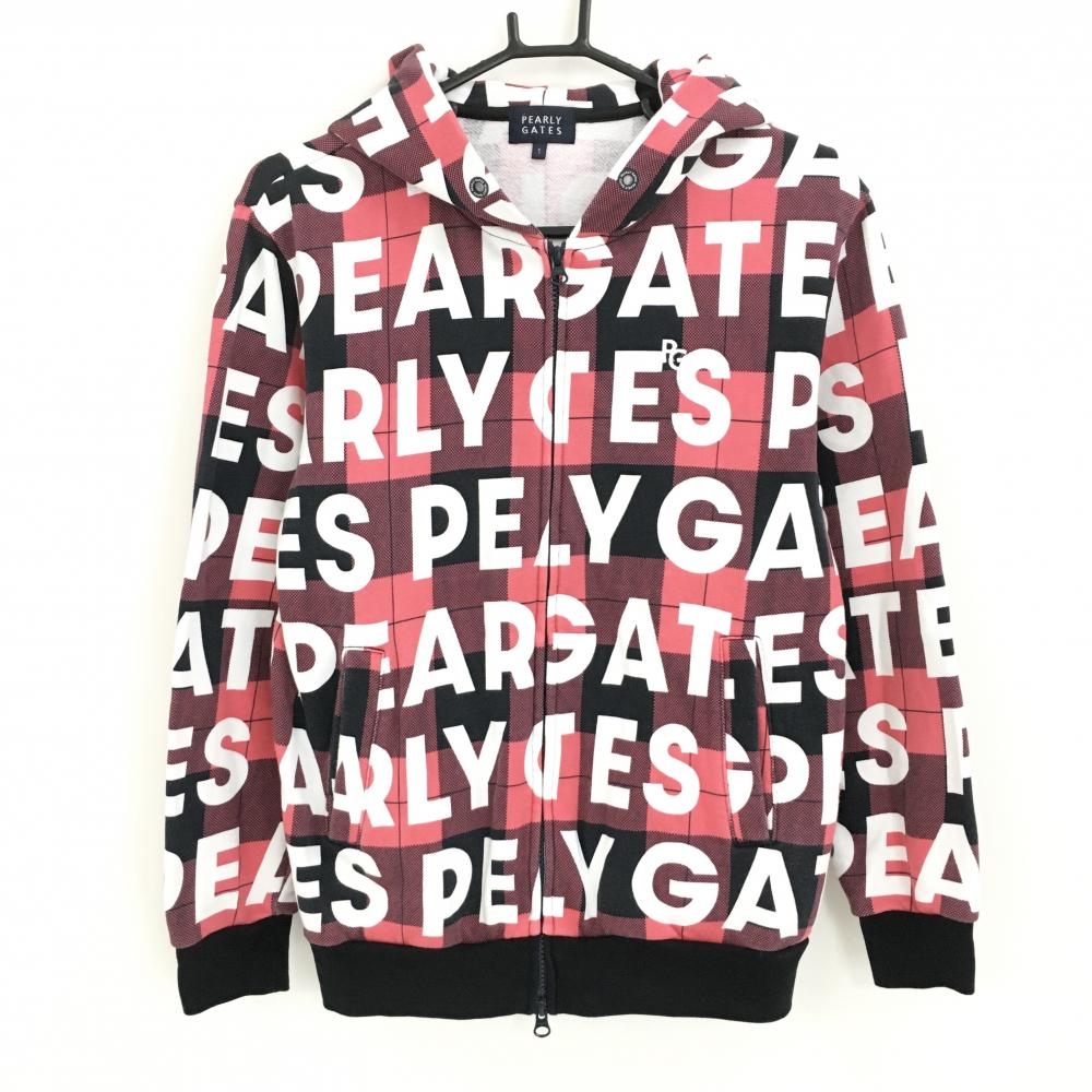【美品】パーリーゲイツ ジップパーカー ピンク×黒×白 チェック ロゴ総柄 裏起毛 ジャケット レディース 1(M) ゴルフウェア PEARLY GATES