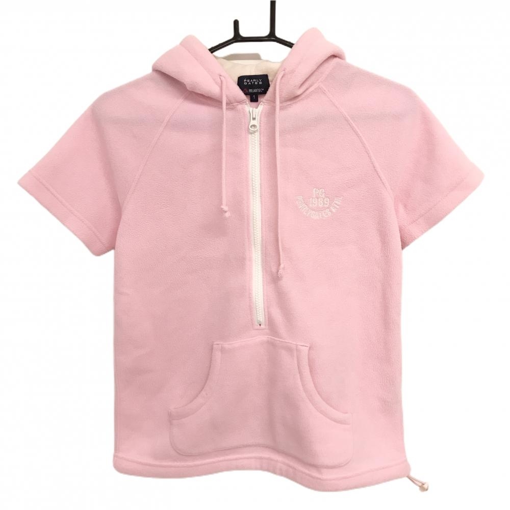 【美品】パーリーゲイツ 半袖ブルゾン ピンク フード付 フリース ハーフジップ  レディース 1(M) ゴルフウェア PEARLY GATES