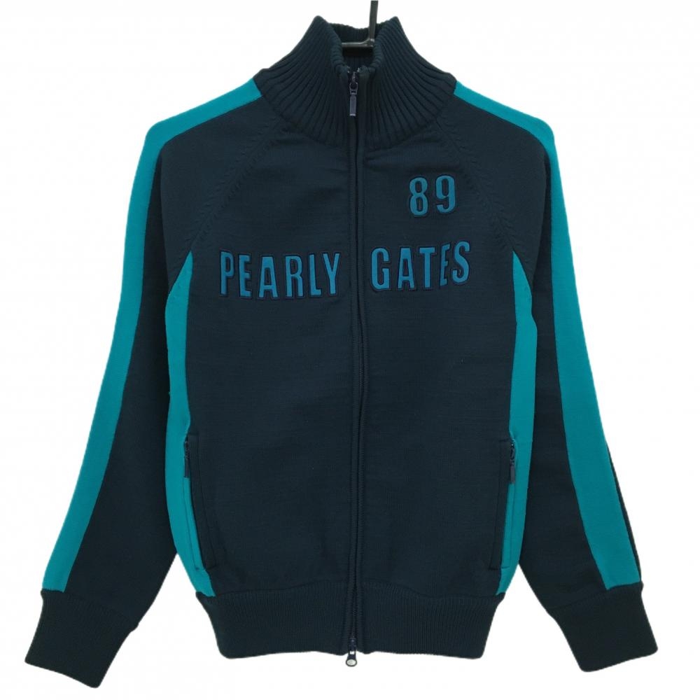 【美品】パーリーゲイツ ニットジャケット ネイビー×ブルーグリーン 袖・サイドライン  レディース 2(L) ゴルフウェア PEARLY GATES