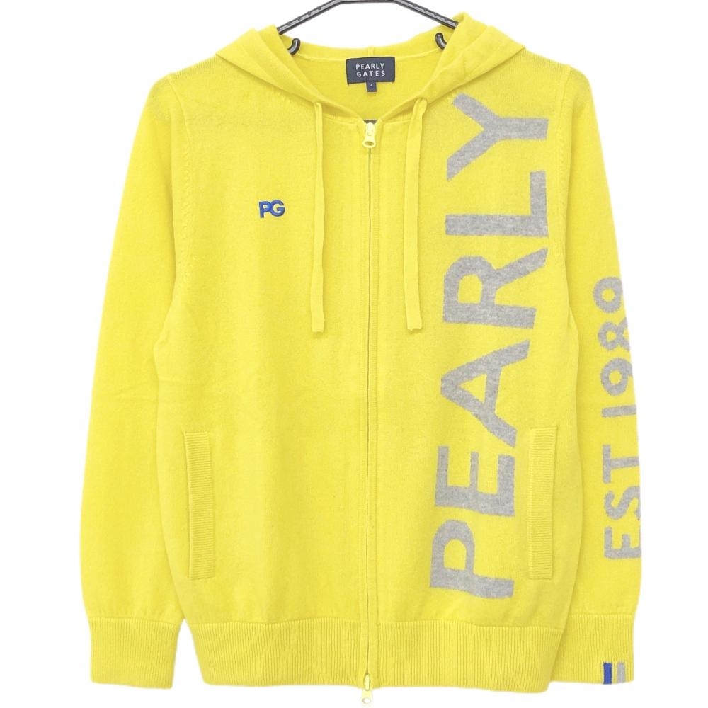 【美品】パーリーゲイツ ニットジップパーカー イエロー×グレー カシミヤ100％ ビッグロゴ  レディース 1(M) ゴルフウェア PEARLY GATES