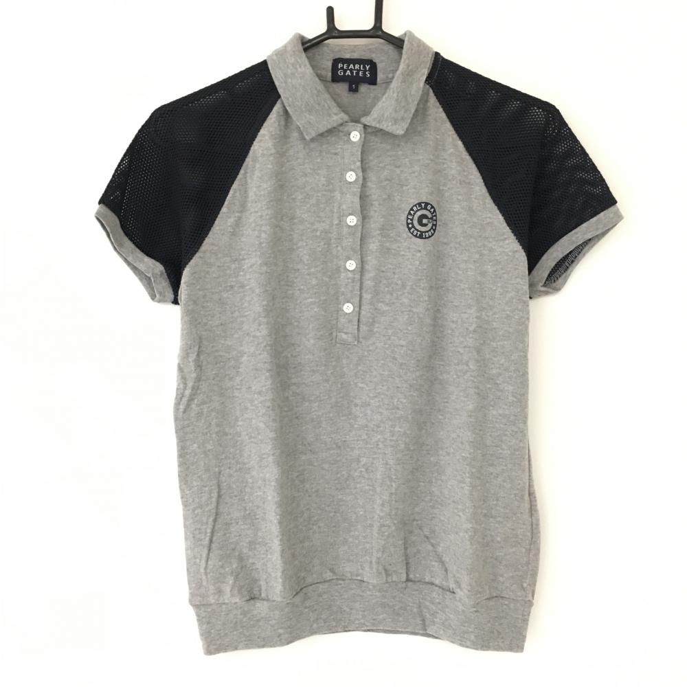【美品】パーリーゲイツ スウェット半袖ポロシャツ グレー×ネイビー 袖メッシュ レディース 1(M) ゴルフウェア PEARLY GATES