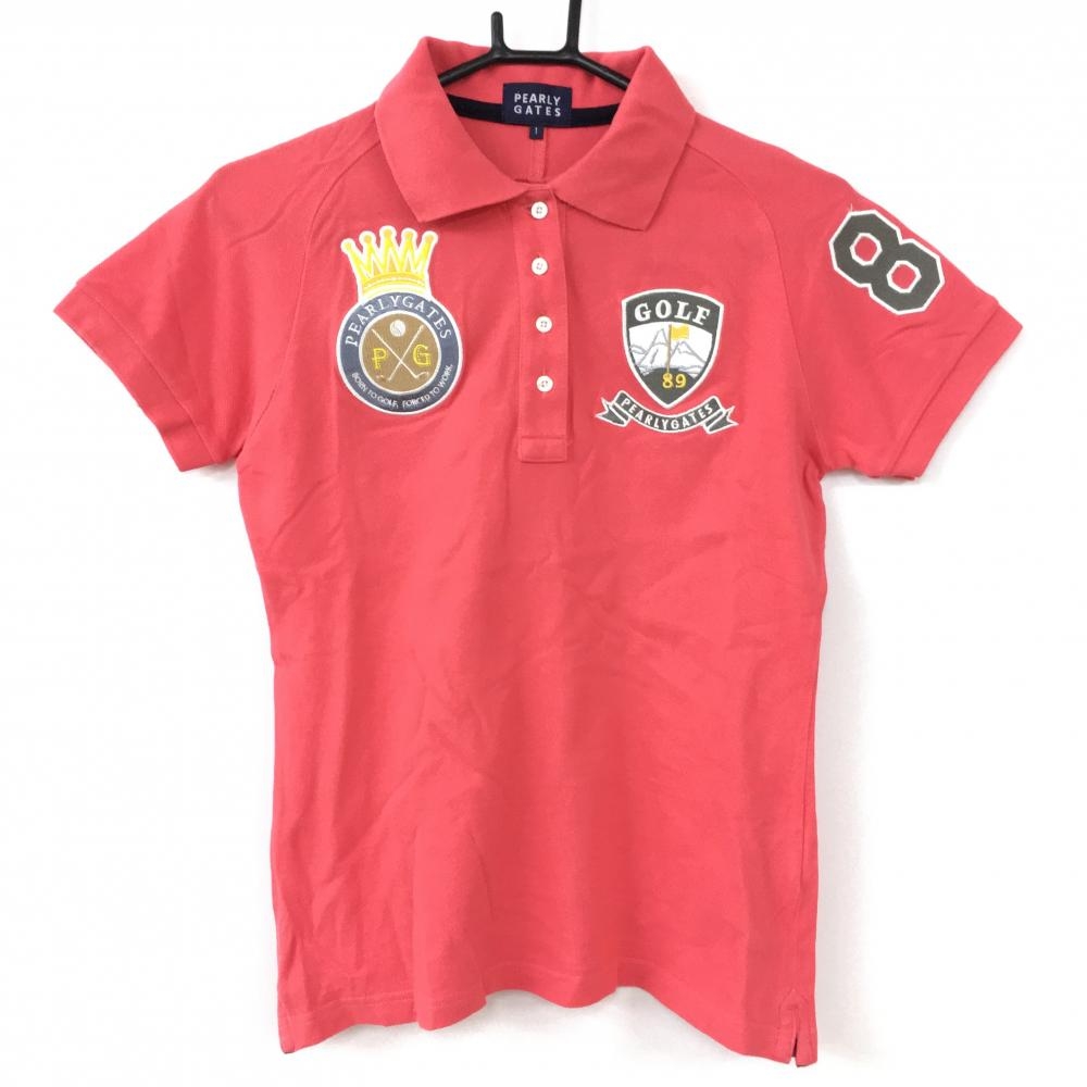 パーリーゲイツ 半袖ポロシャツ レッド×グレー ワッペン刺繍 バックプリント レディース 1(M) ゴルフウェア PEARLY GATES