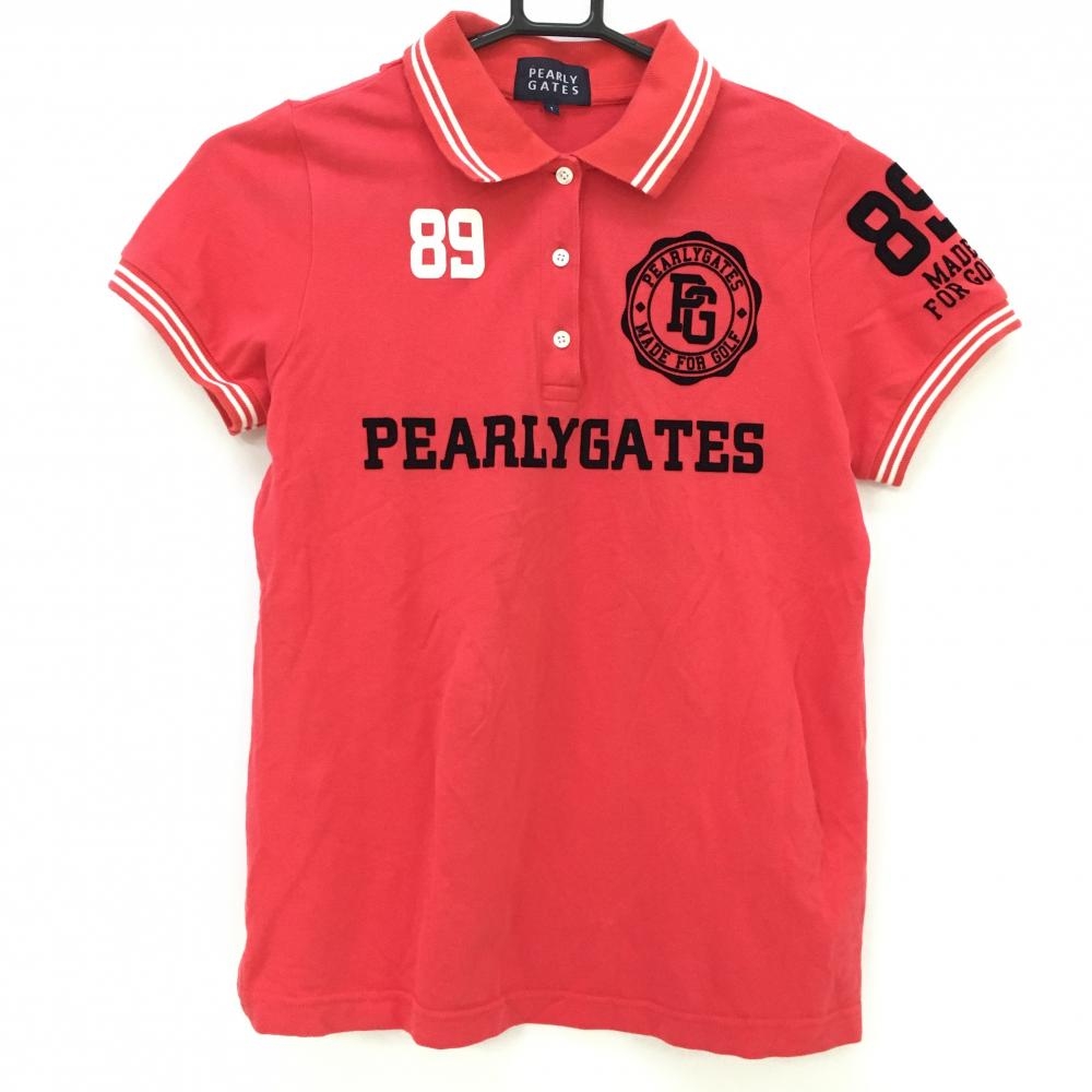 パーリーゲイツ 半袖ポロシャツ レッド×ダークネイビー フロッキーロゴ  レディース 1(S) ゴルフウェア PEARLY GATES