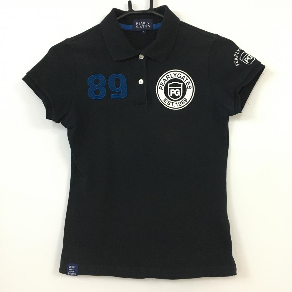 PEARLY GATES パーリーゲイツ 半袖ポロシャツ 黒×白×ブルー バックロゴプリント レディース 1[M] ゴルフウェア