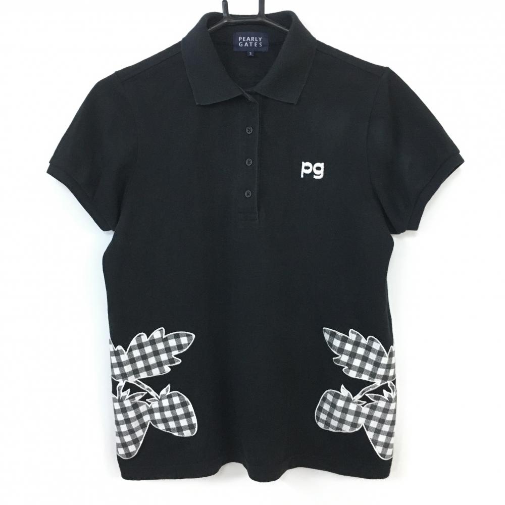PEARLY GATES パーリーゲイツ 半袖ポロシャツ 黒 チェック柄イチゴワッペン レディース 2[L] ゴルフウェア