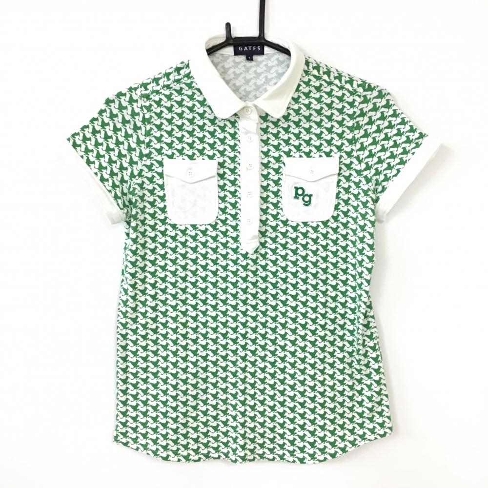 PEARLY GATES パーリーゲイツ 半袖ポロシャツ 白×グリーン カラス 総柄 胸ポケット コットン97％  レディース 1[M] ゴルフウェア