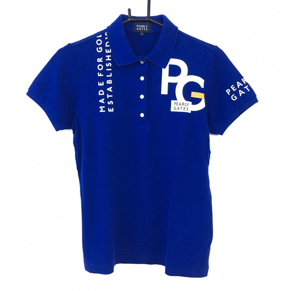 【美品】2021年＊PEARLY GATES パーリーゲイツ 半袖ポロシャツ ブルー×白 ロゴプリント バックライン レディース 1(M) ゴルフウェア