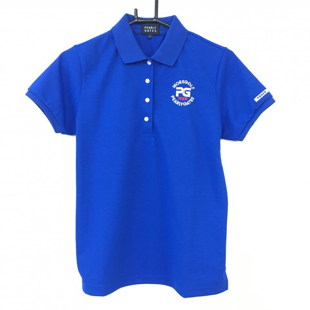 【美品】PEARLY GATES パーリーゲイツ 半袖ポロシャツ ブルー×白 ロゴ刺繍 バックロゴ レディース 1(M) ゴルフウェア
