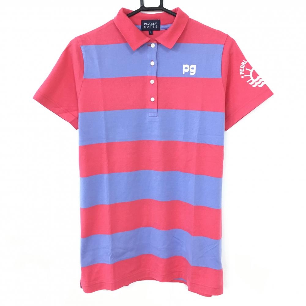 【美品】PEARLY GATES パーリーゲイツ 半袖ポロシャツ ピンク×パープル ボーダー ロゴプリント レディース 2 ゴルフウェア