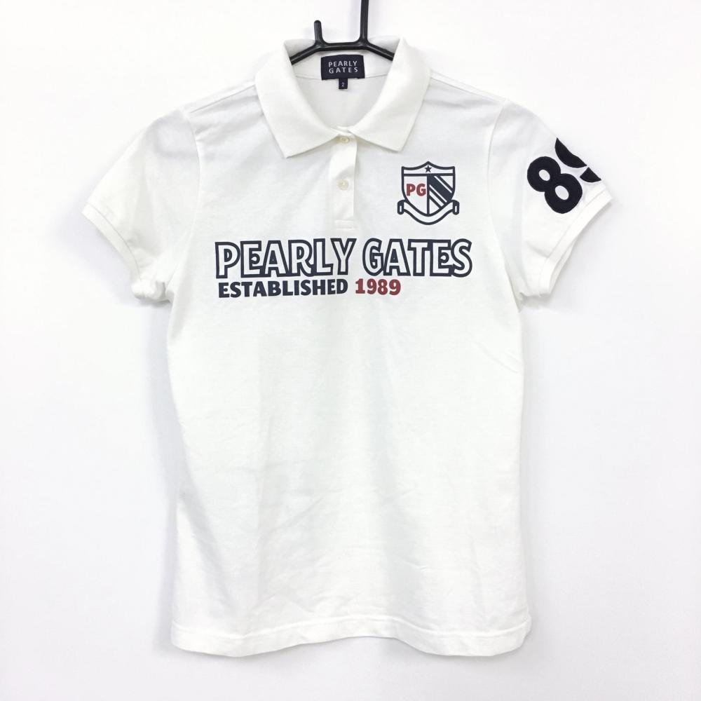【美品】PEARLY GATES パーリーゲイツ 半袖ポロシャツ 白×ネイビー 襟裏カートプリント ビッグロゴ レディース 2(L) ゴルフウェア