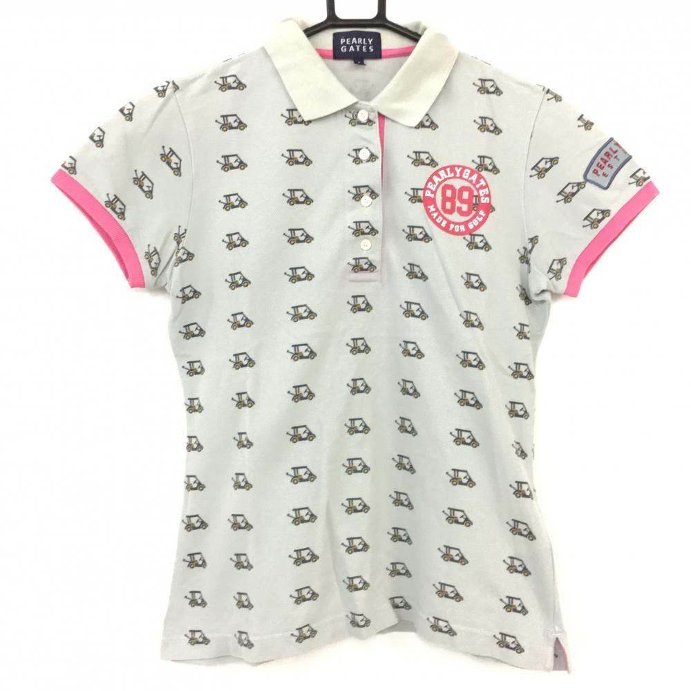 PEARLY GATES パーリーゲイツ 半袖ポロシャツ グレー×ピンク カート総柄 コットン100％ レディース 1(M) ゴルフウェア