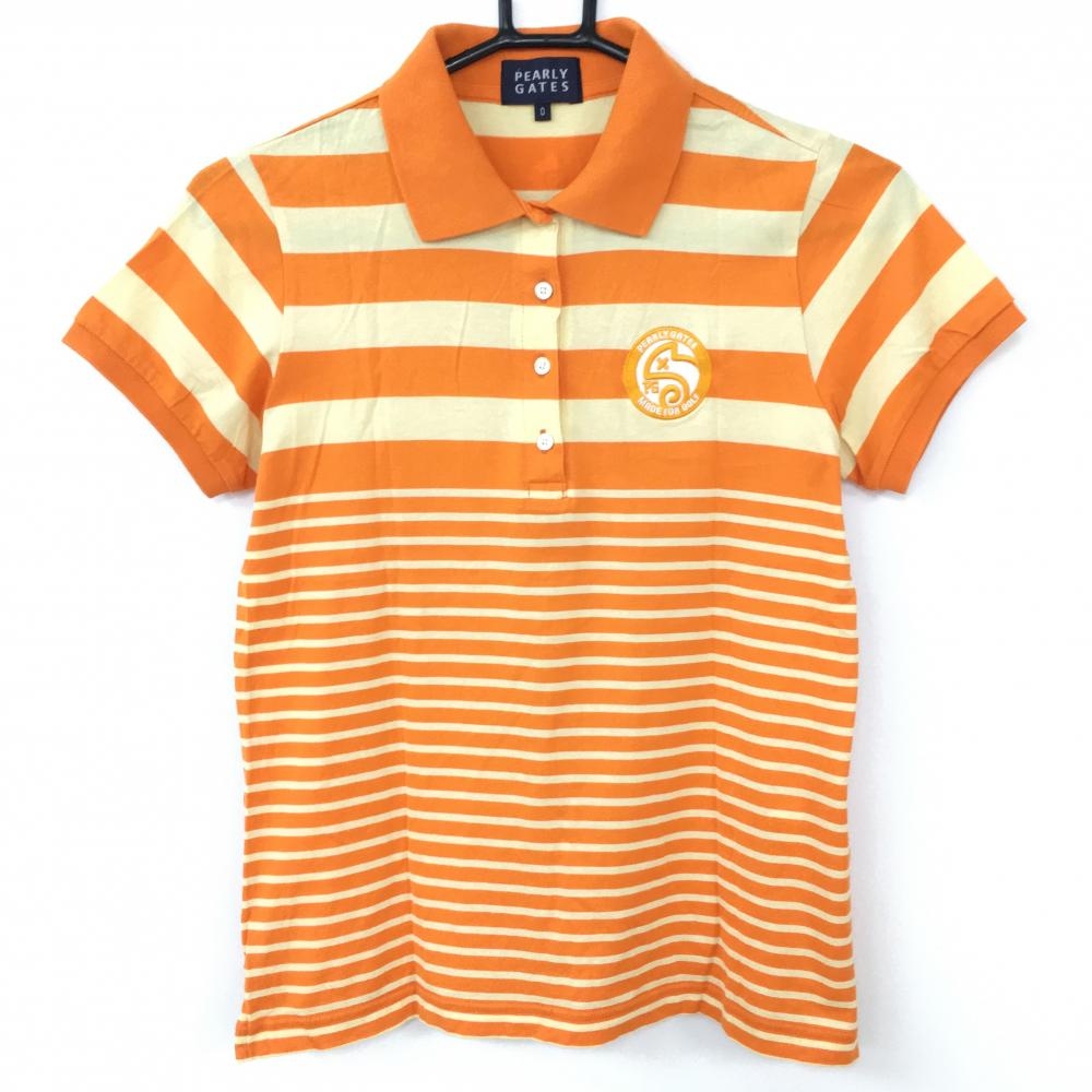 PEARLY GATES パーリーゲイツ 半袖ポロシャツ オレンジ×ライトイエロー ボーダー カメレオンワッペン レディース 0(S) ゴルフウェア