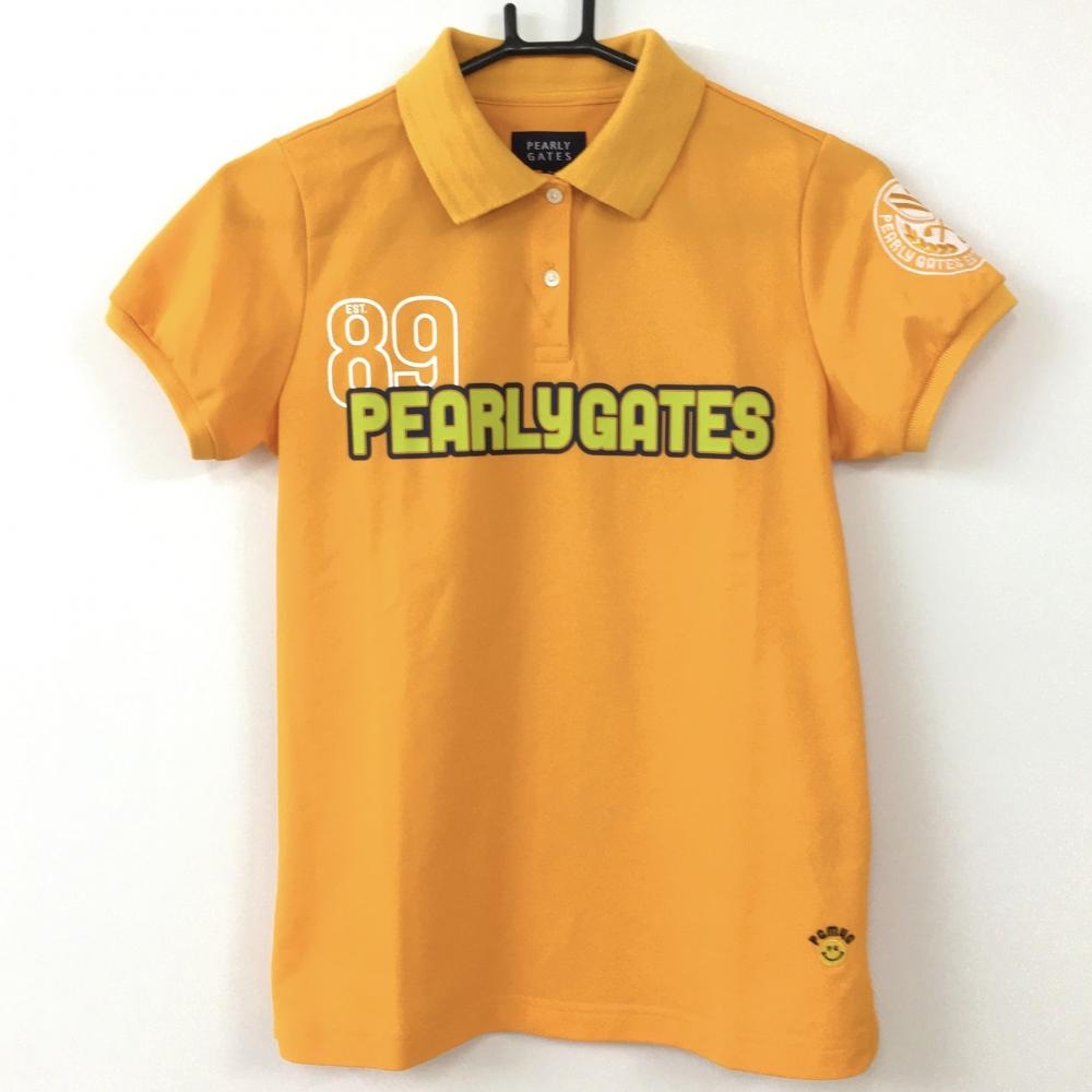 PEARLY GATES パーリーゲイツ 半袖ポロシャツ オレンジ×白 ニコちゃん スマイル 襟裏ボーダー レディース 0(S) ゴルフウェア