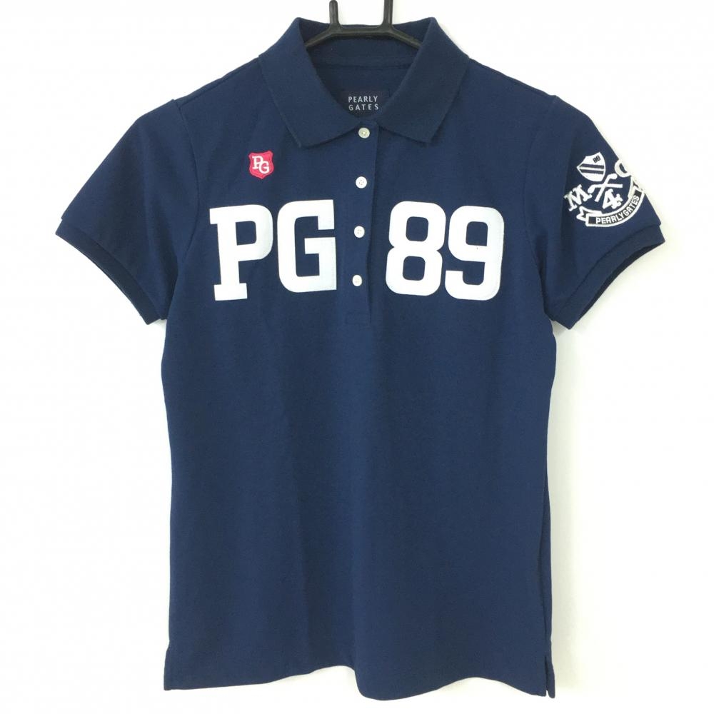 【美品】PEARLY GATES パーリーゲイツ 半袖ポロシャツ ネイビー×白 ビッグフェルトワッペン 日本製 レディース 0(S) ゴルフウェア