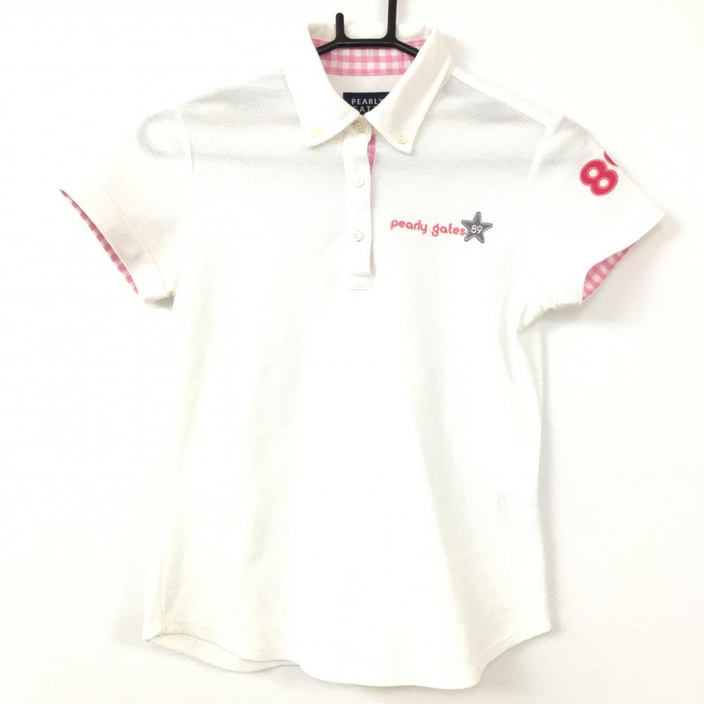 PEARLY GATES パーリーゲイツ 半袖ポロシャツ 白×ピンク 内布チェック レディース 0(S) ゴルフウェア
