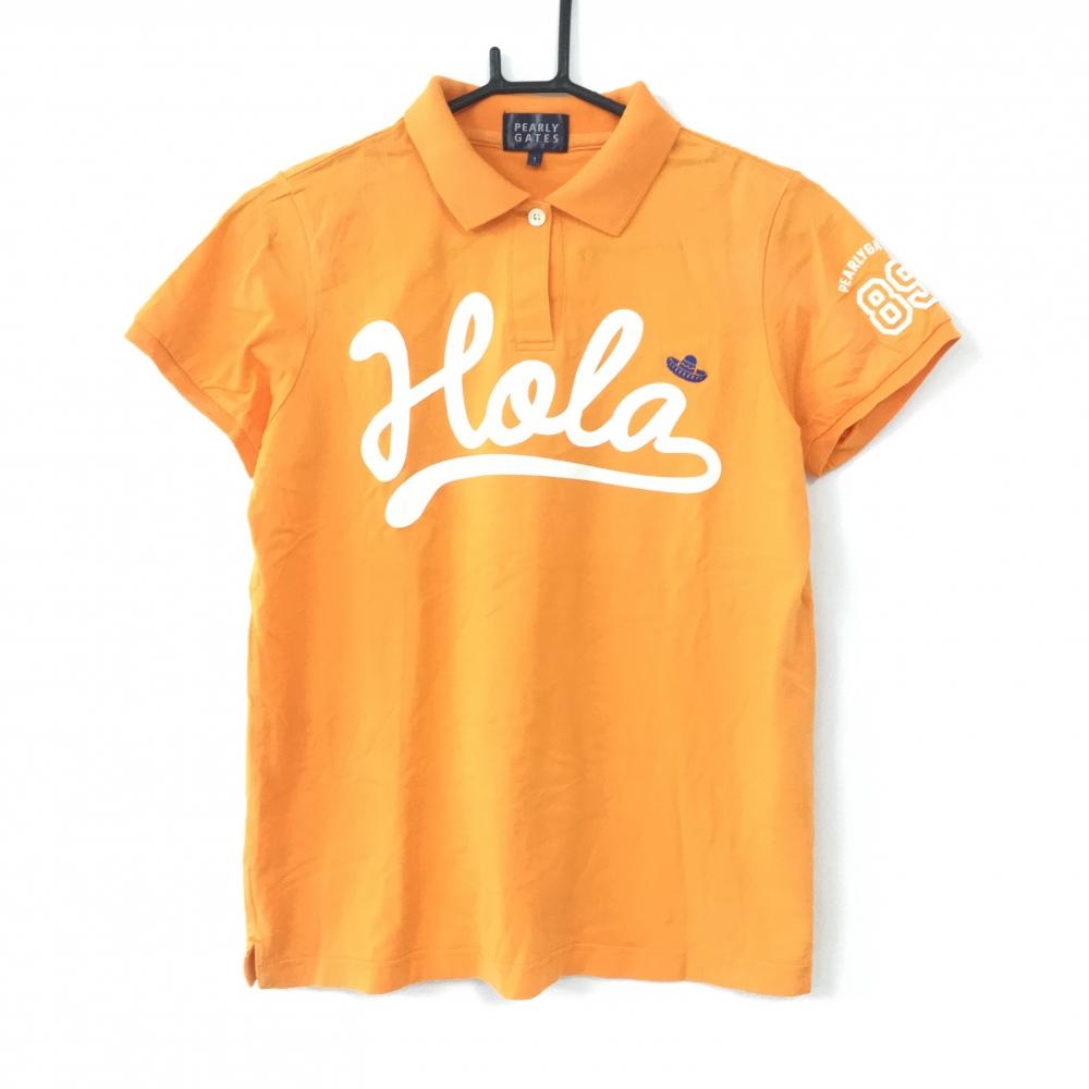 PEARLY GATES パーリーゲイツ 半袖ポロシャツ オレンジ×白 フロント英字 コットン100％  レディース 1(M) ゴルフウェア