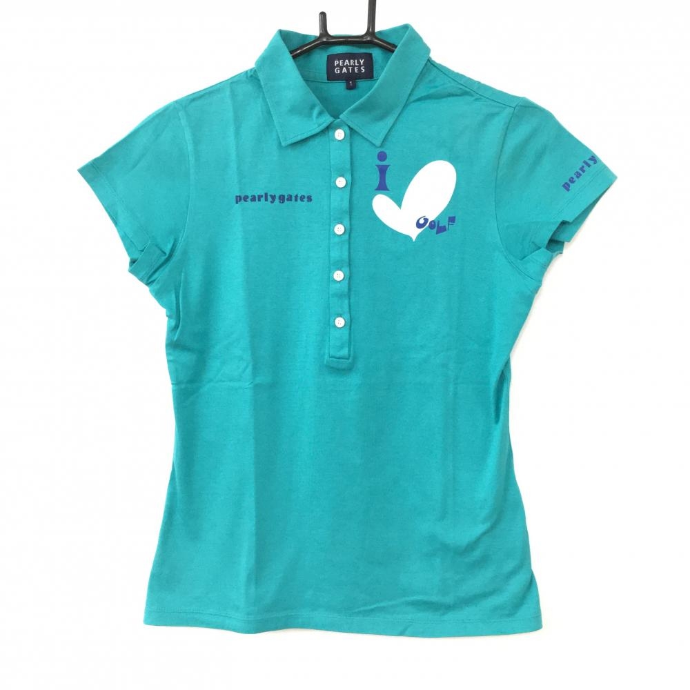 【超美品】PEARLY GATES パーリーゲイツ 半袖ポロシャツ ブルーグリーン コットン100％ ロゴプリント レディース 1(M) ゴルフウェア