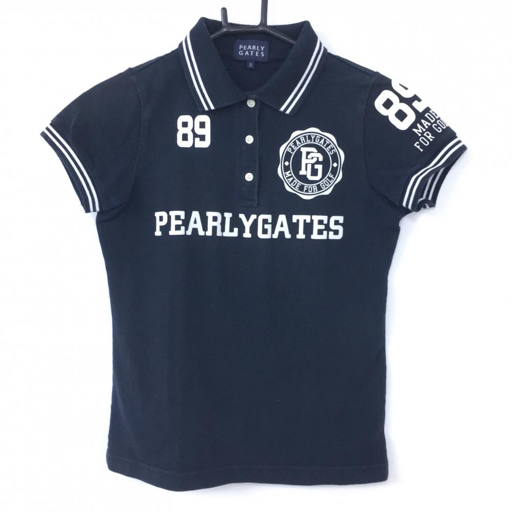 パーリーゲイツ 半袖ポロシャツ ネイビー×白 フロッキーロゴ レディース 0(S) ゴルフウェア PEARLY GATES