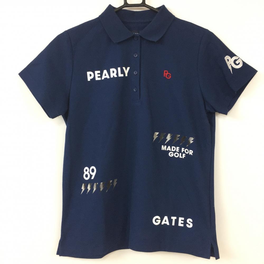 【美品】2022年＊PEARLY GATES パーリーゲイツ 半袖ポロシャツ ネイビー×白 イナズマ ハニカム  レディース 2(Ｌ) ゴルフウェア
