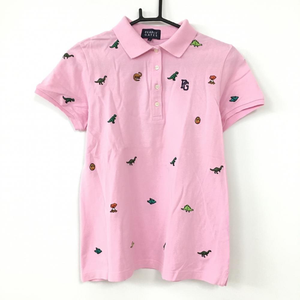 パーリーゲイツ 半袖ポロシャツ ピンク×グリーン 恐竜刺しゅう総柄 レディース 1(M) ゴルフウェア PEARLY GATES