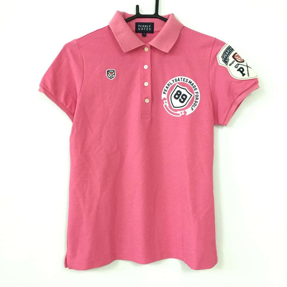 パーリーゲイツ 半袖ポロシャツ ピンク×白 袖ビッグワッペン 襟裏ロゴ レディース 1(M) ゴルフウェア PEARLY GATES