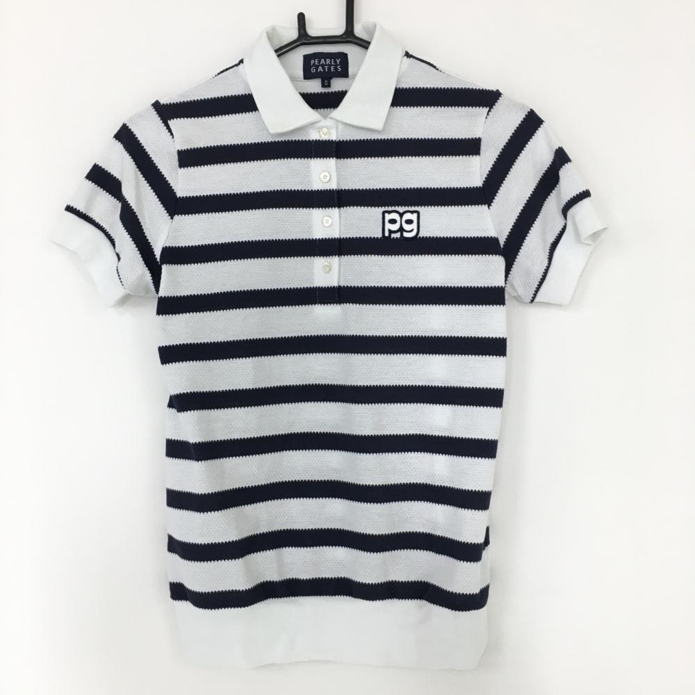 パーリーゲイツ 半袖ポロシャツ 白×ネイビー ボーダー 織生地 日本製  レディース 0(S) ゴルフウェア PEARLY GATES