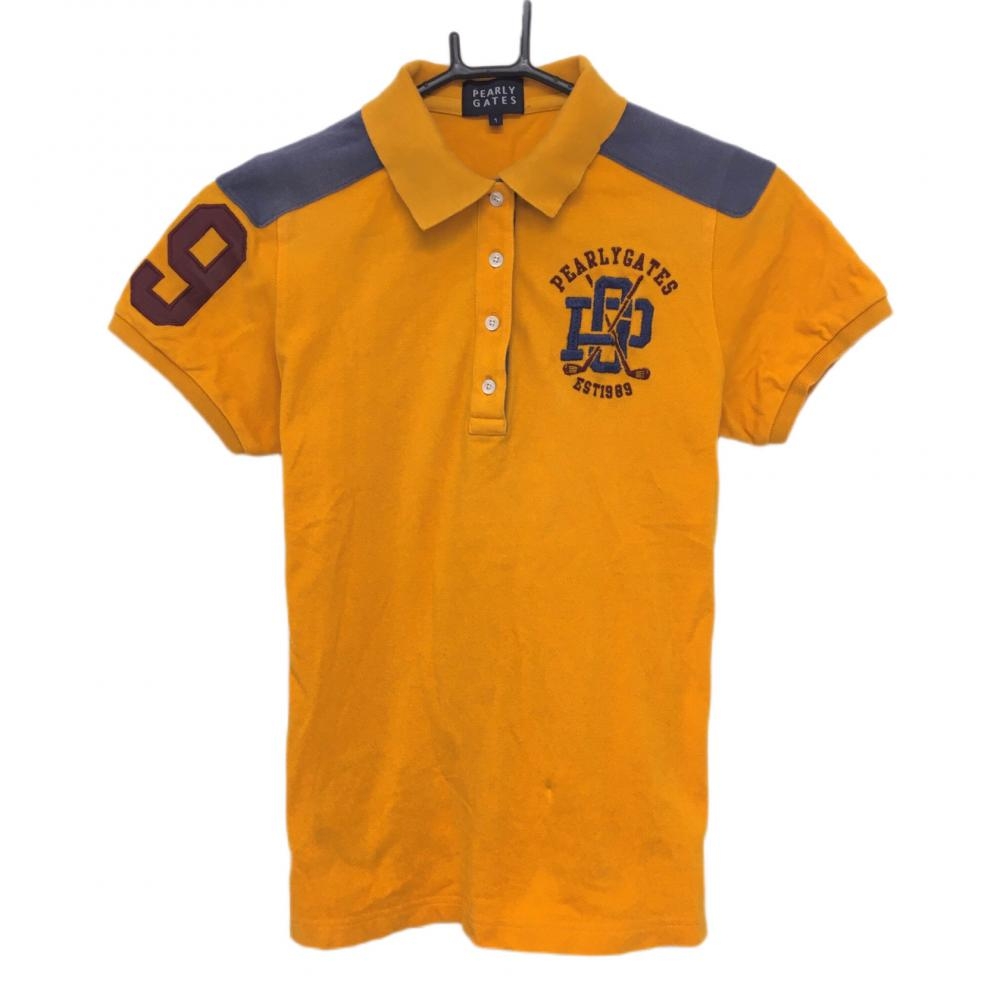 パーリーゲイツ 半袖ポロシャツ オレンジ×ダスティブルー 襟裏ロゴ コットン100％  レディース 1(M) ゴルフウェア PEARLY GATES