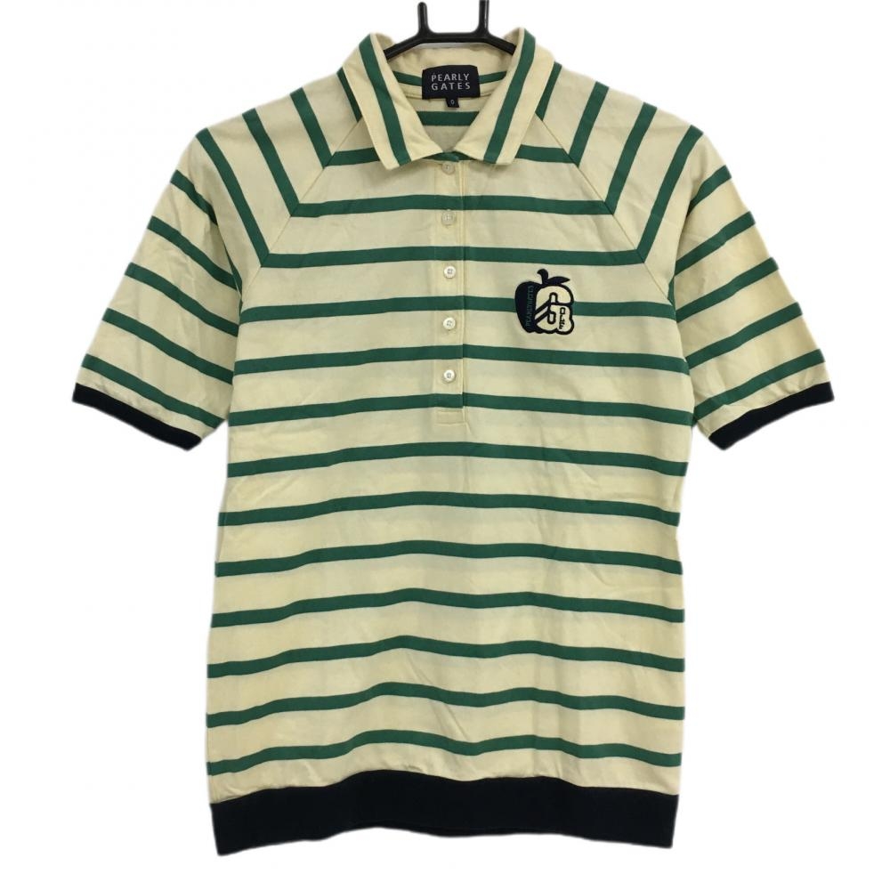 パーリーゲイツ 半袖ポロシャツ イエロー×グリーン ボーダー リンゴワッペン  レディース 0(S) ゴルフウェア PEARLY GATES