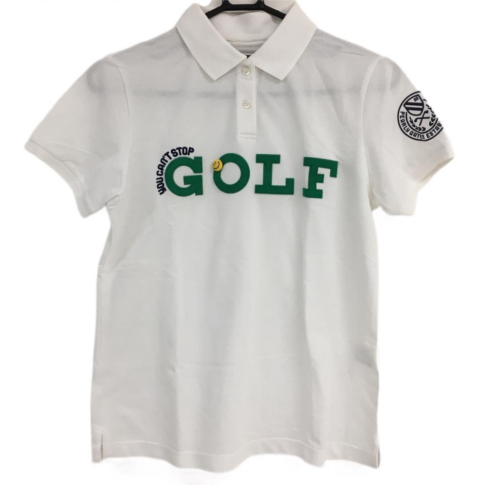 パーリーゲイツ 半袖ポロシャツ 白×グリーン ニコちゃん スマイル レディース 1(M) ゴルフウェア PEARLY GATES
