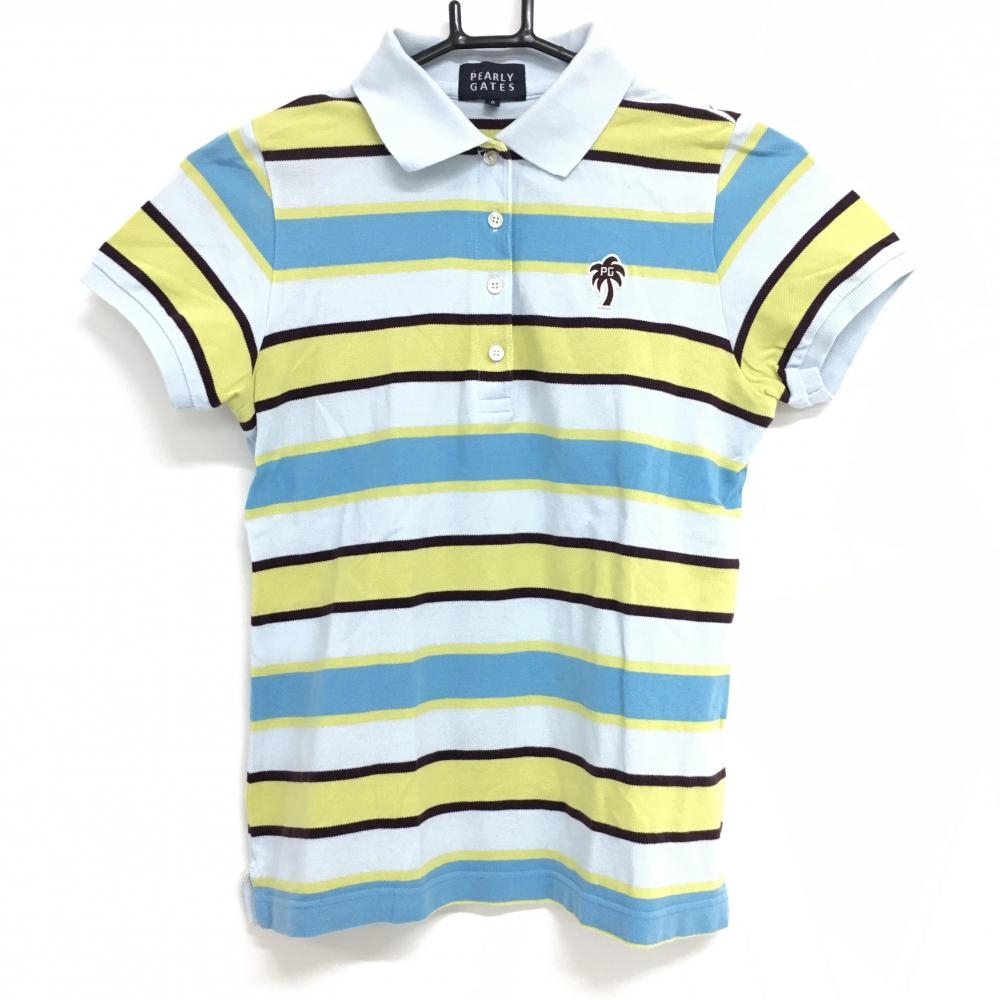パーリーゲイツ 半袖ポロシャツ ライトブルー×イエロー ボーダー コットン100％ ヤシの木ロゴ レディース 0(S) ゴルフウェア PEARLY GATES