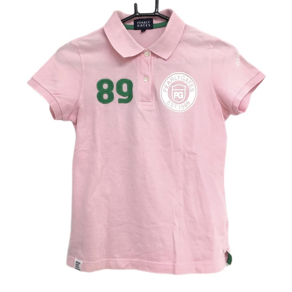 パーリーゲイツ 半袖ポロシャツ ピンク×グリーン ナンバリング コットン100％  レディース 1(M) ゴルフウェア PEARLY GATES