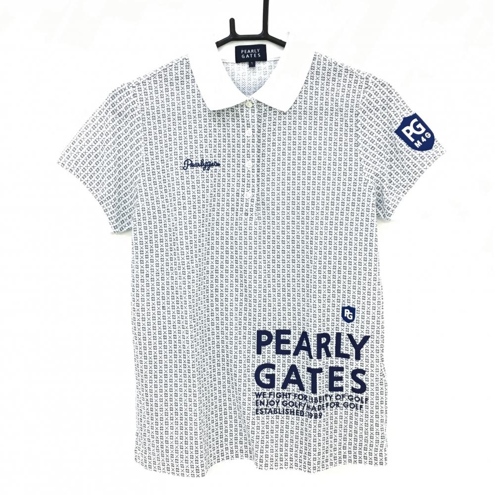 【超美品】パーリーゲイツ 半袖ポロシャツ 白×ネイビー ロゴ総柄 レディース 1(M) ゴルフウェア 2023年モデル PEARLY GATES