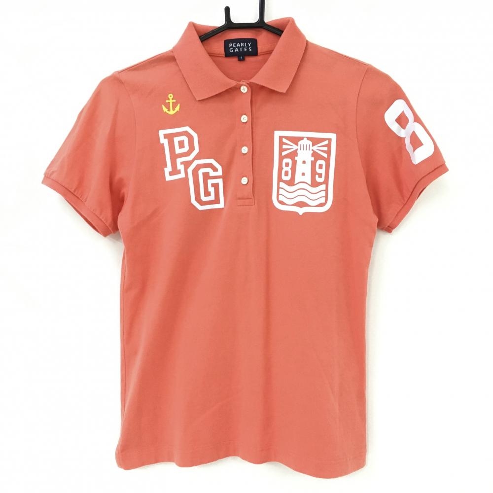 パーリーゲイツ 半袖ポロシャツ サーモンピンク×白 プリントロゴ レディース 1(M) ゴルフウェア PEARLY GATES