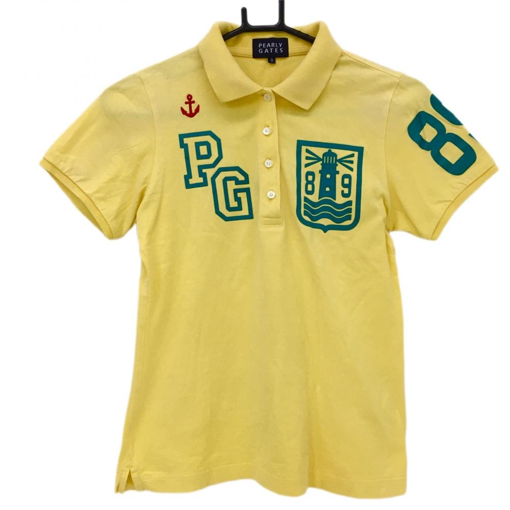 パーリーゲイツ 半袖ポロシャツ イエロー×グリーン ビッグプリント コットン100％ レディース 0(S) ゴルフウェア PEARLY GATES