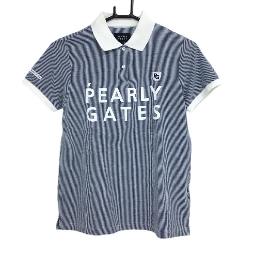 パーリーゲイツ 半袖ポロシャツ ネイビー×白 ストライプ サッカー生地  レディース 1(M) ゴルフウェア 2021年モデル PEARLY GATES
