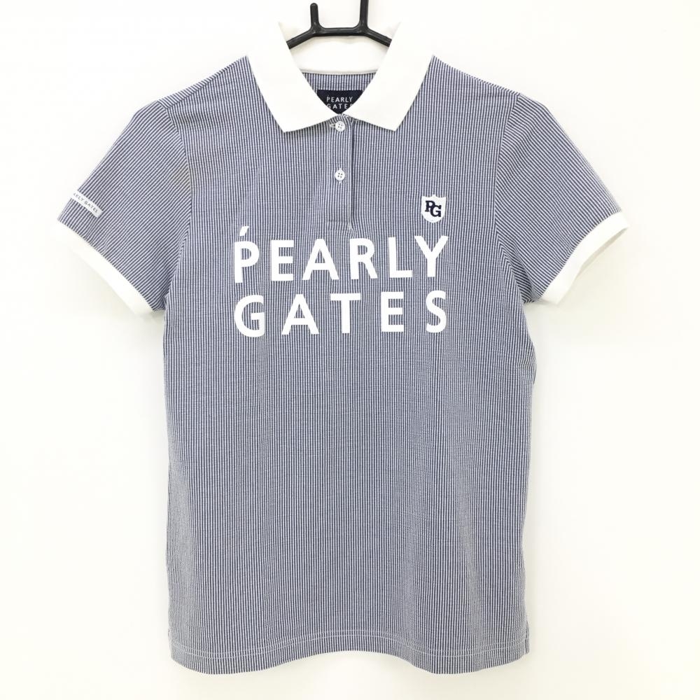 パーリーゲイツ 半袖ポロシャツ ネイビー×白 細ストライプ サッカー生地 レディース 1(M) ゴルフウェア 2021年モデル PEARLY GATES