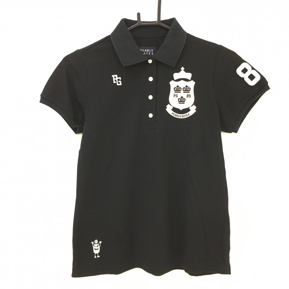 パーリーゲイツ 半袖ポロシャツ 黒×白 フロッキープリント 襟裏柄 レディース 0(S) ゴルフウェア PEARLY GATES