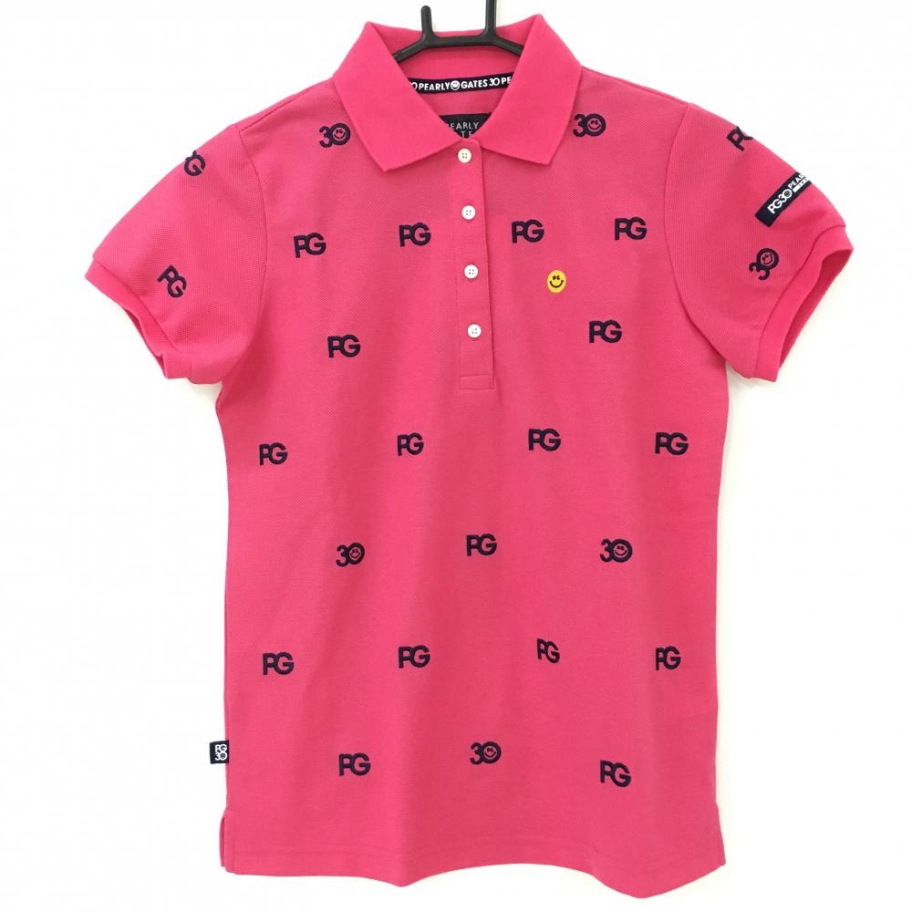 【新品】パーリーゲイツ 半袖ポロシャツ ピンク×ネイビー ロゴ総柄 30周年 レディース 0(S) ゴルフウェア PEARLY GATES